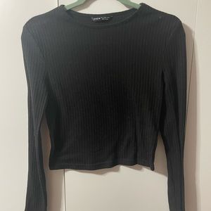 Rib Knit Long Sleeve Black Cropped Top